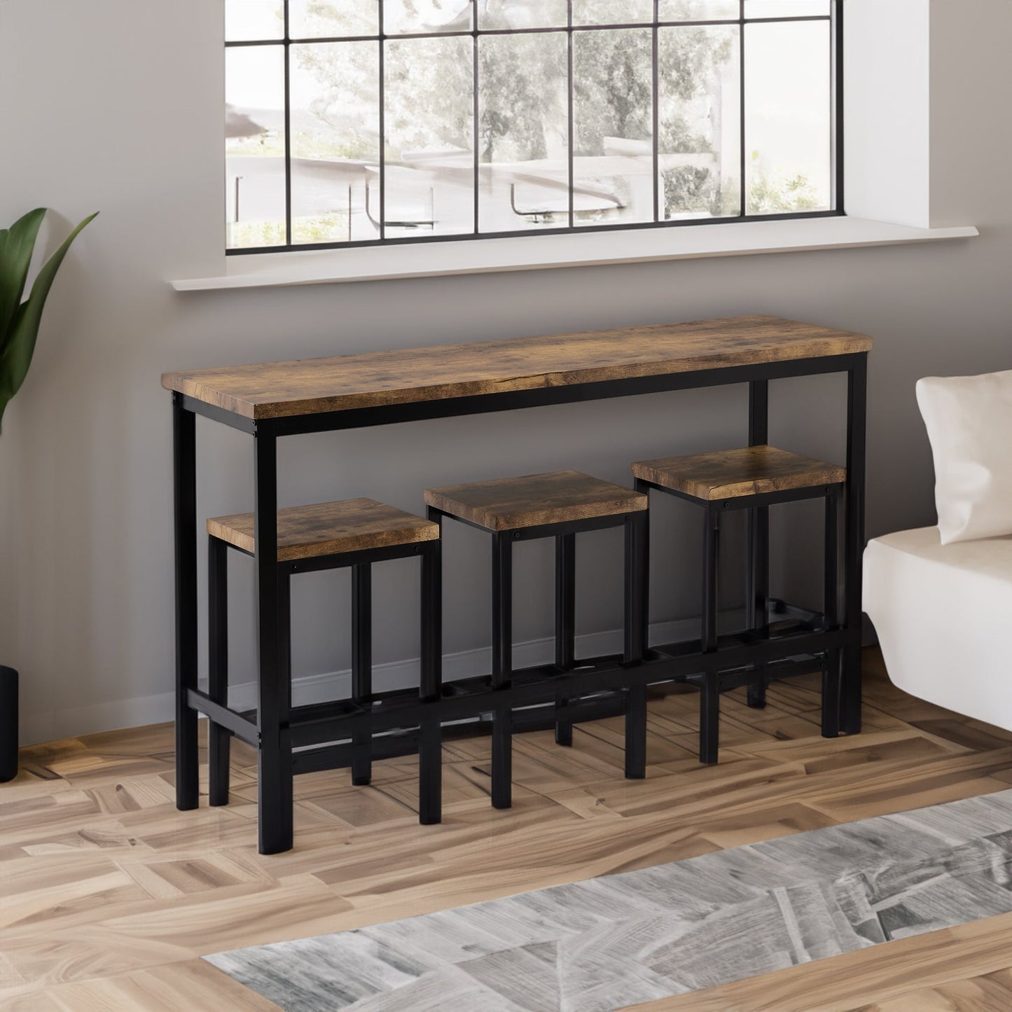 TOPMAX Counter Height Extra Long Dining Table Set with 3 Stools Pub Kitchen Set Side Table with Footrest Brown - Korvel