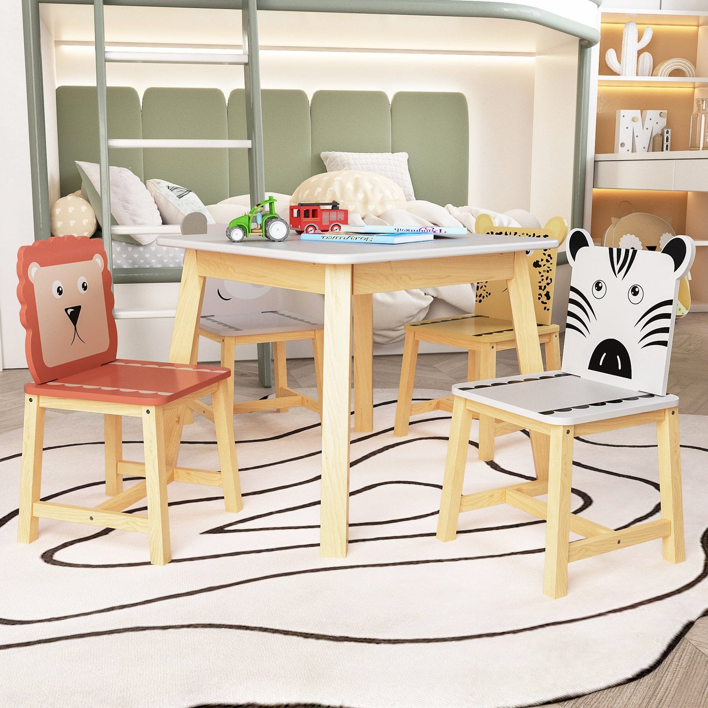 Juego de Mesa y Sillas para Niños de 5 Piezas - Mesa de Madera para Niños con 4 Sillas de Dibujos An