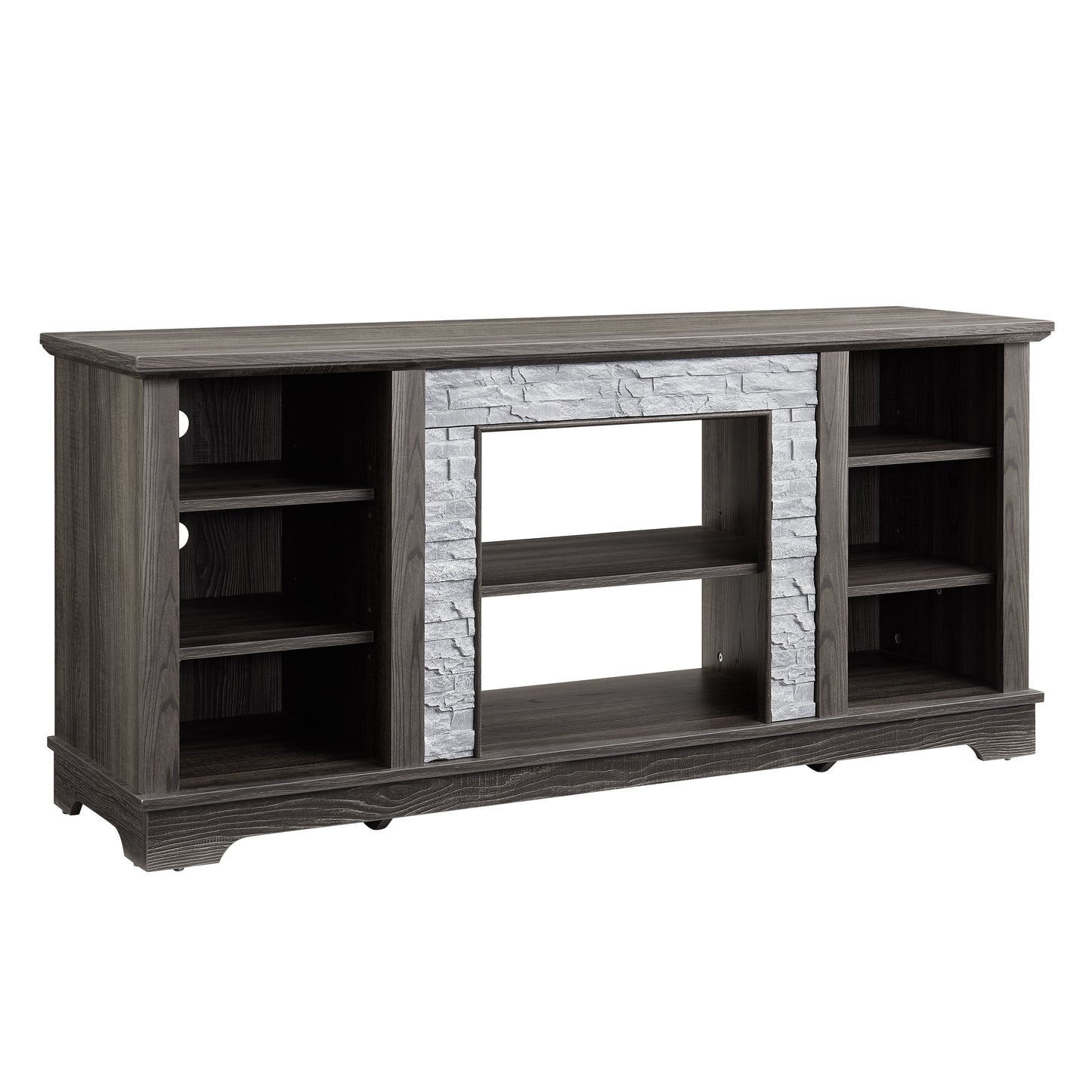 Mantel Stone modern entertainment console, manually stacked stone surrounds open storage space, gray - Korvel