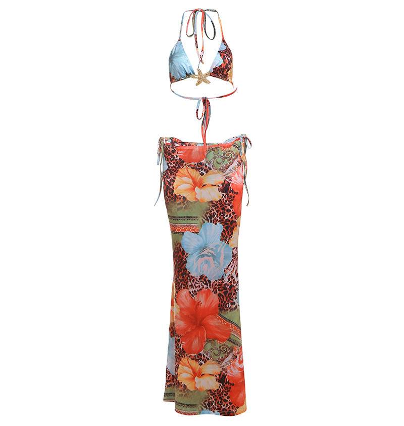 Fashionable Three-Piece Printed Bikini Set with Exposed Navel Tie