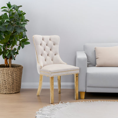 Tufted solid wood velvet soft cushion dining chair gold stainless steel plated leg nail head set of 2 pieces beige and gold - Korvel