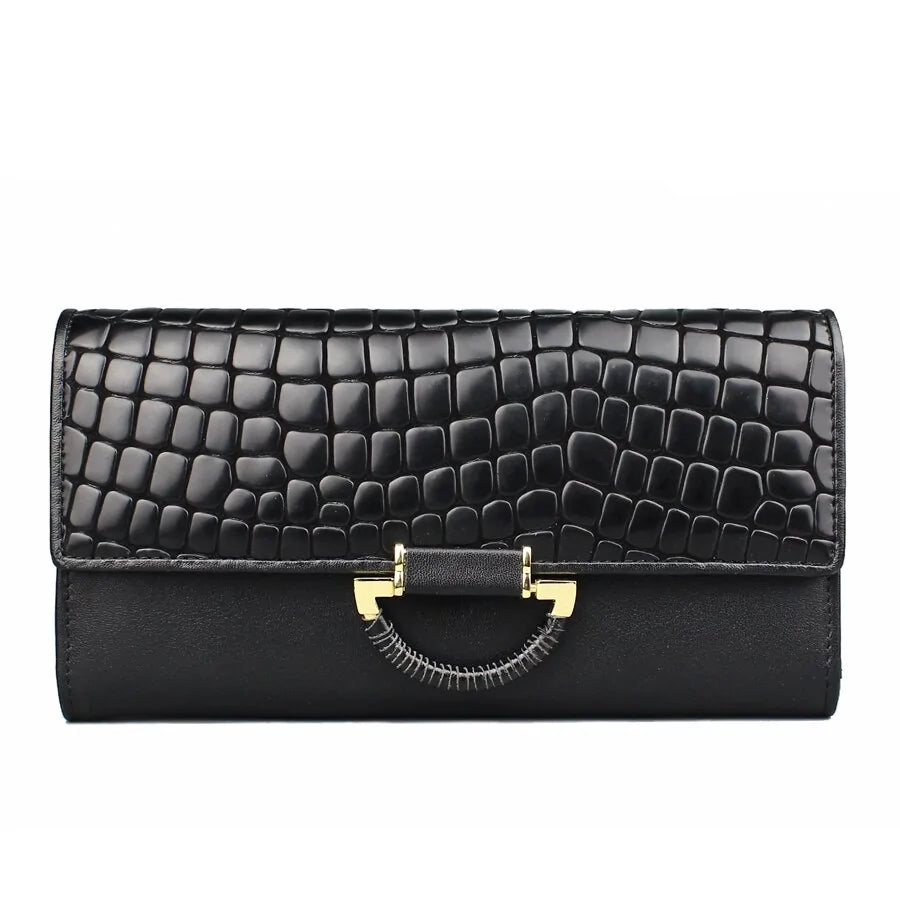 Billetera de Cuero Genuino para Mujeres: Diseño de Piel de Serpiente de Lujo en Negro