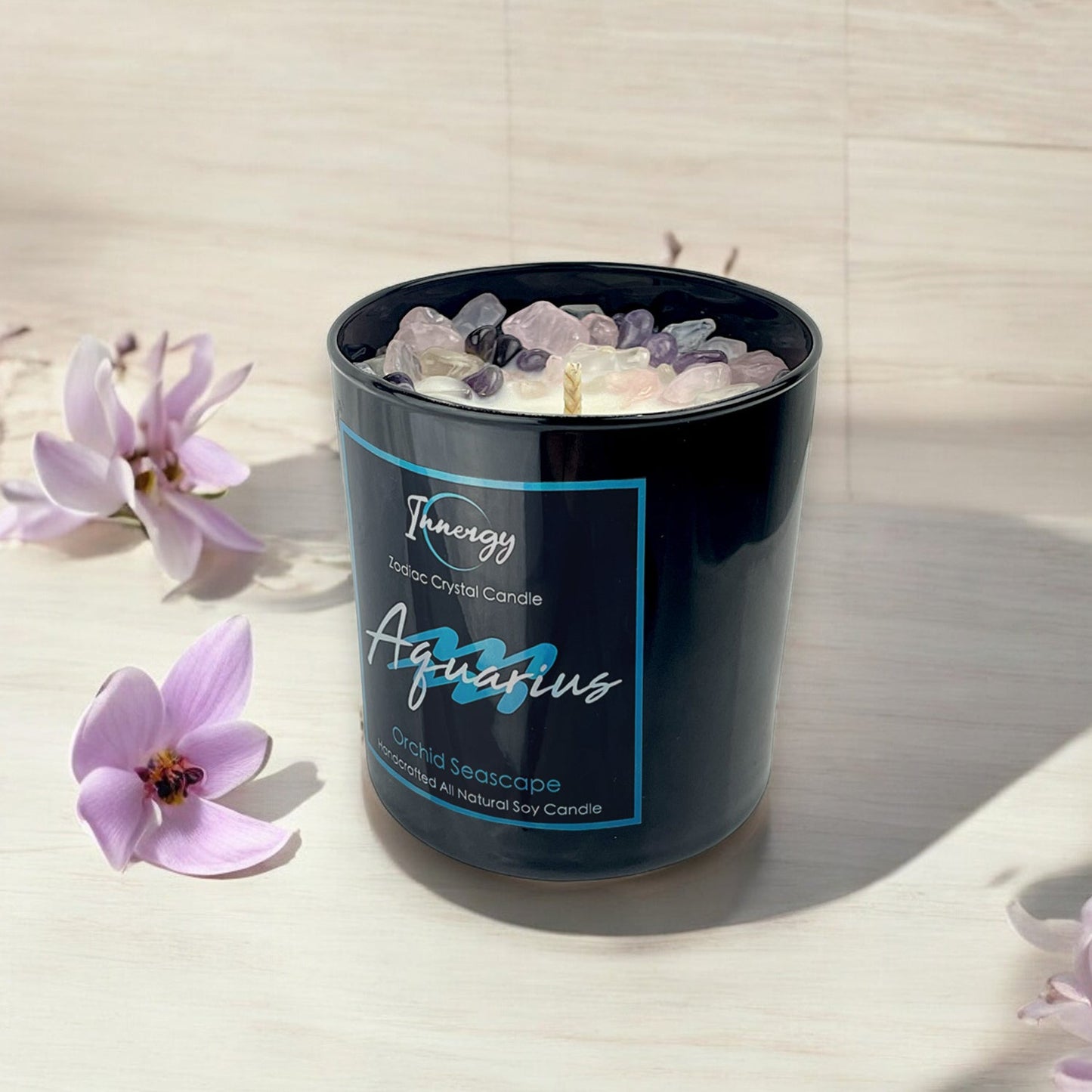 Aquarius Crystal Candle with Amethyst & Rose | 9oz Coconut-Soy Wax - Korvel