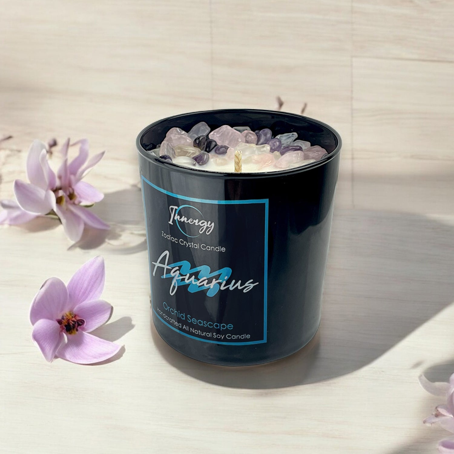 Aquarius Crystal Candle with Amethyst & Rose | 9oz Coconut-Soy Wax - Korvel