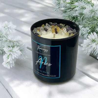 Aries Zodiac Crystal Candle with Citrine, Amethyst & Quartz | Energizing Coconut-Soy Blend, 9oz - Korvel