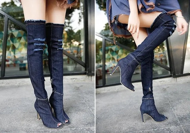 Bottes en Denim Stylées au Dessus du Genou