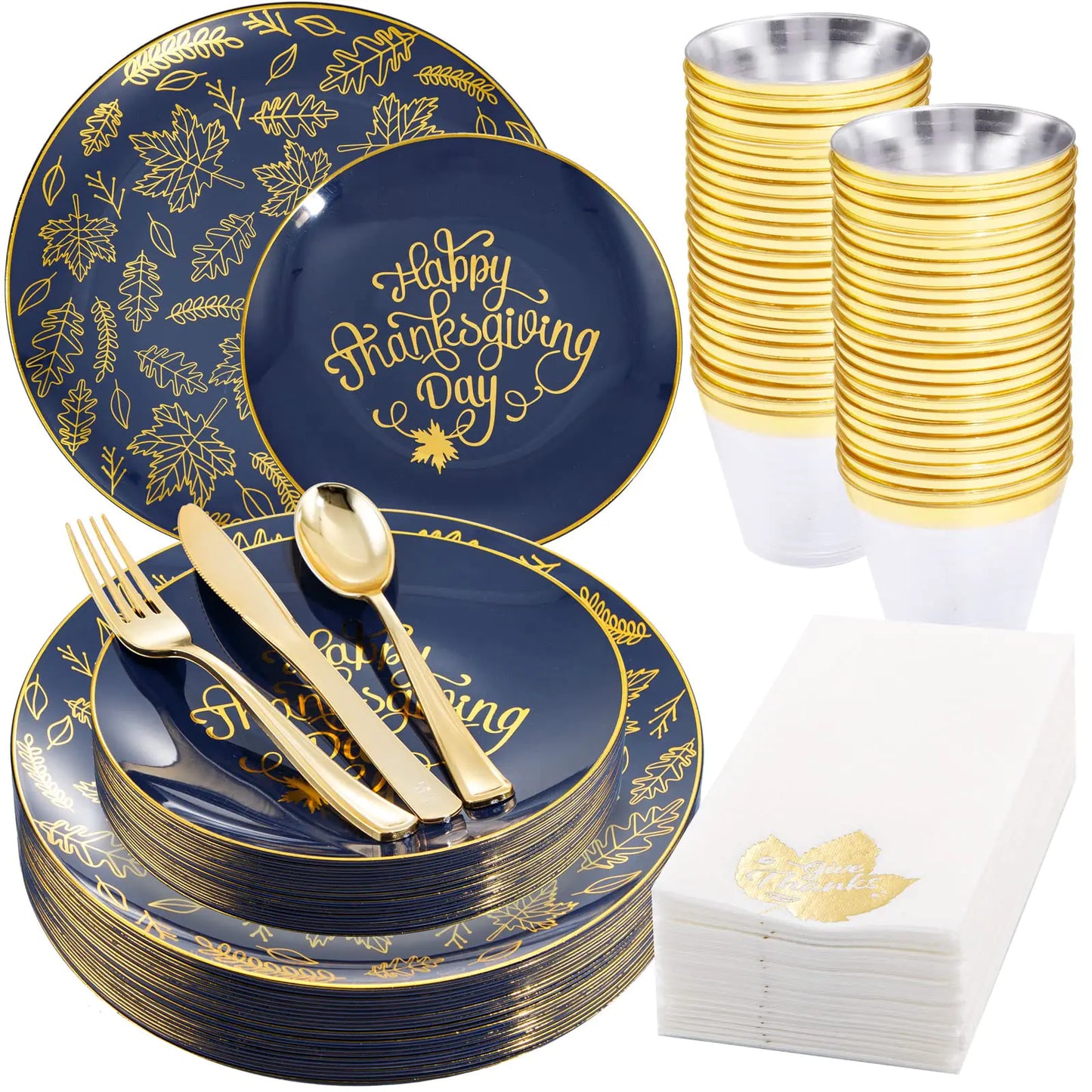 Ensemble de 175 assiettes en plastique Thanksgiving Morejoy - Vaisselle bleue et dorée