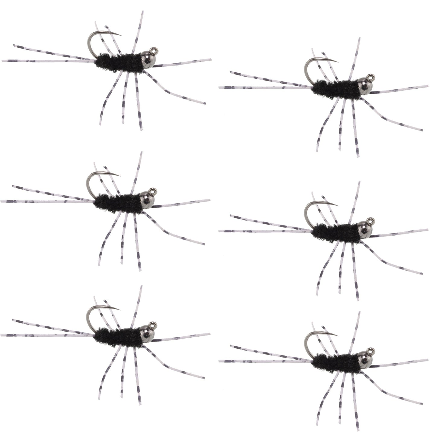 Barbless Pat's Barred Rubber Legs Tungsten Bead Jigged Black Euro Nymph  - Set of 6 Flies Hook Size 6