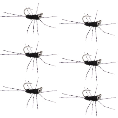 Barbless Pat's Barred Rubber Legs Tungsten Bead Jigged Black Euro Nymph  - Set of 6 Flies Hook Size 6