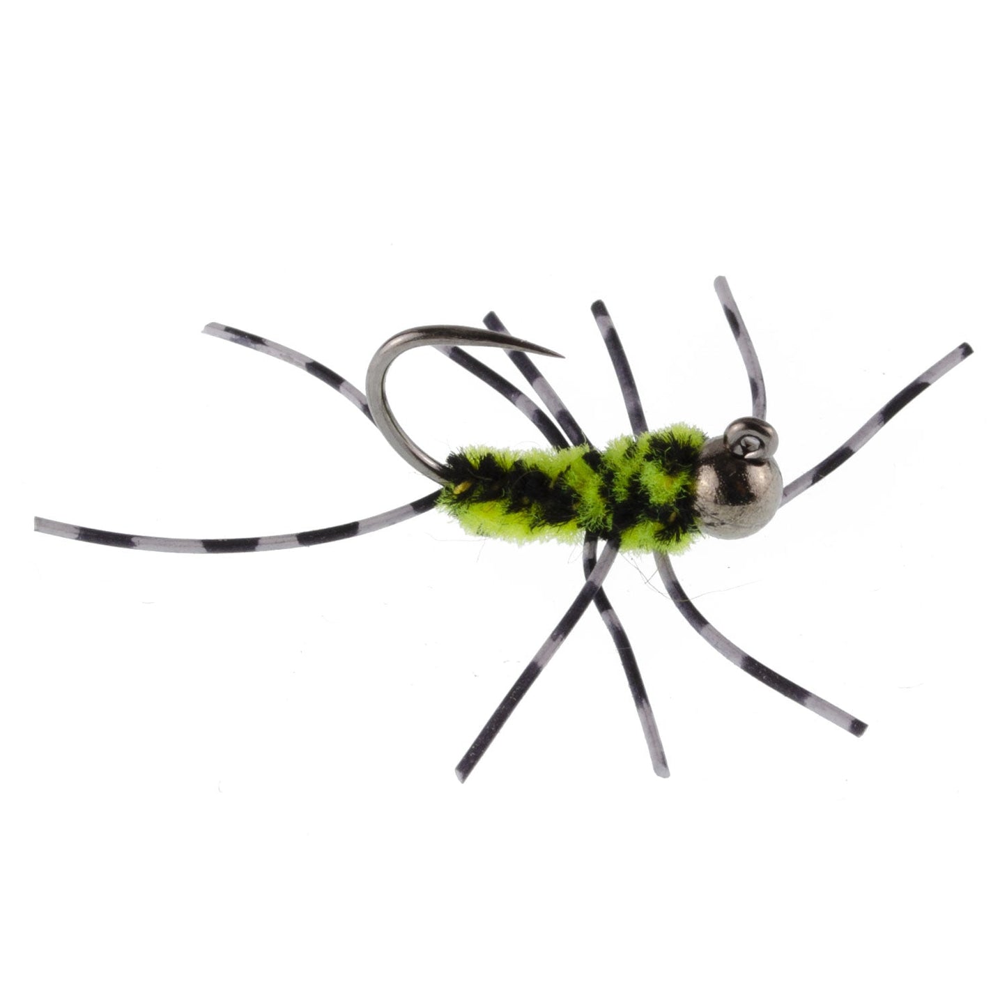 Premium Tungsten Bead Barbless Pat's Barred Rubber Legs Nymphs - Black/Chartreuse - Set of 6 Size 6 Flies - Korvel