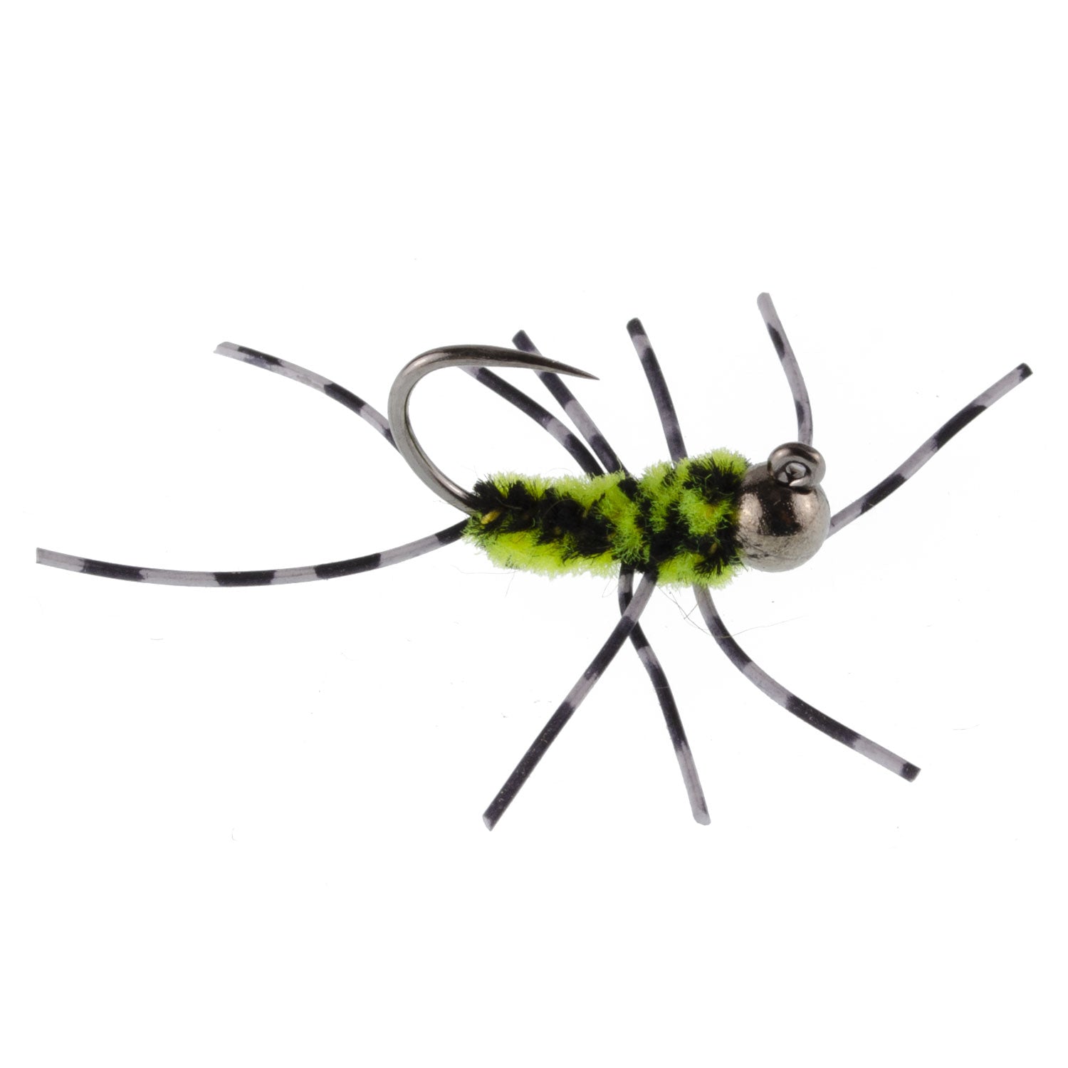 Premium Tungsten Bead Barbless Pat's Barred Rubber Legs Nymphs - Black/Chartreuse - Set of 6 Size 6 Flies - Korvel