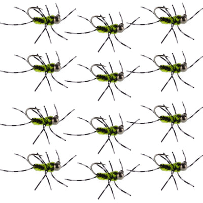 Premium Barbless Pat's Barred Rubber Legs Tungsten Bead Jigged Black/Chartreuse Euro Nymph - 12 Pack Size 6 - Korvel