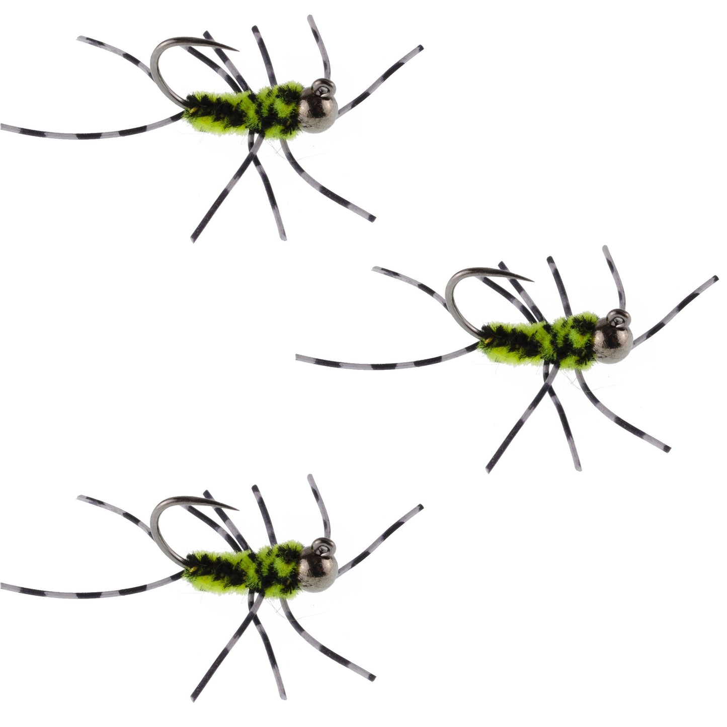 3 Pack Barbless Pat's Barred Rubber Legs Tungsten Bead Jigged Black/Chartreuse Euro Nymph  - Hook Size 6 - Korvel