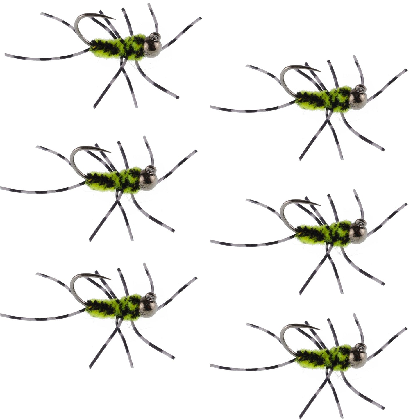 Premium Tungsten Bead Barbless Pat's Barred Rubber Legs Nymphs - Black/Chartreuse - Set of 6 Size 6 Flies - Korvel