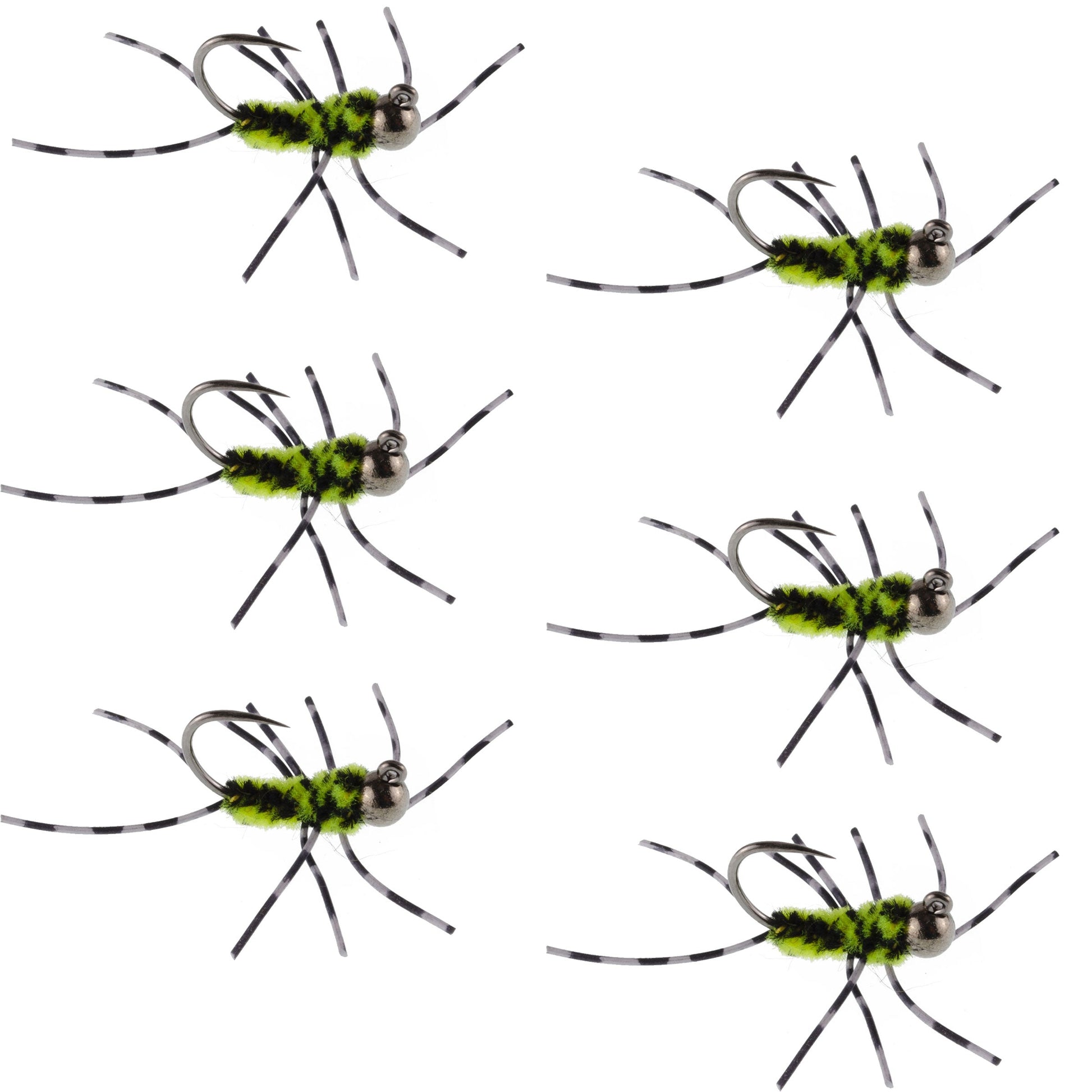 Premium Tungsten Bead Barbless Pat's Barred Rubber Legs Nymphs - Black/Chartreuse - Set of 6 Size 6 Flies - Korvel