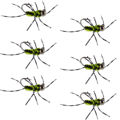 Premium Tungsten Bead Barbless Pat's Barred Rubber Legs Nymphs - Black/Chartreuse - Set of 6 Size 6 Flies - Korvel