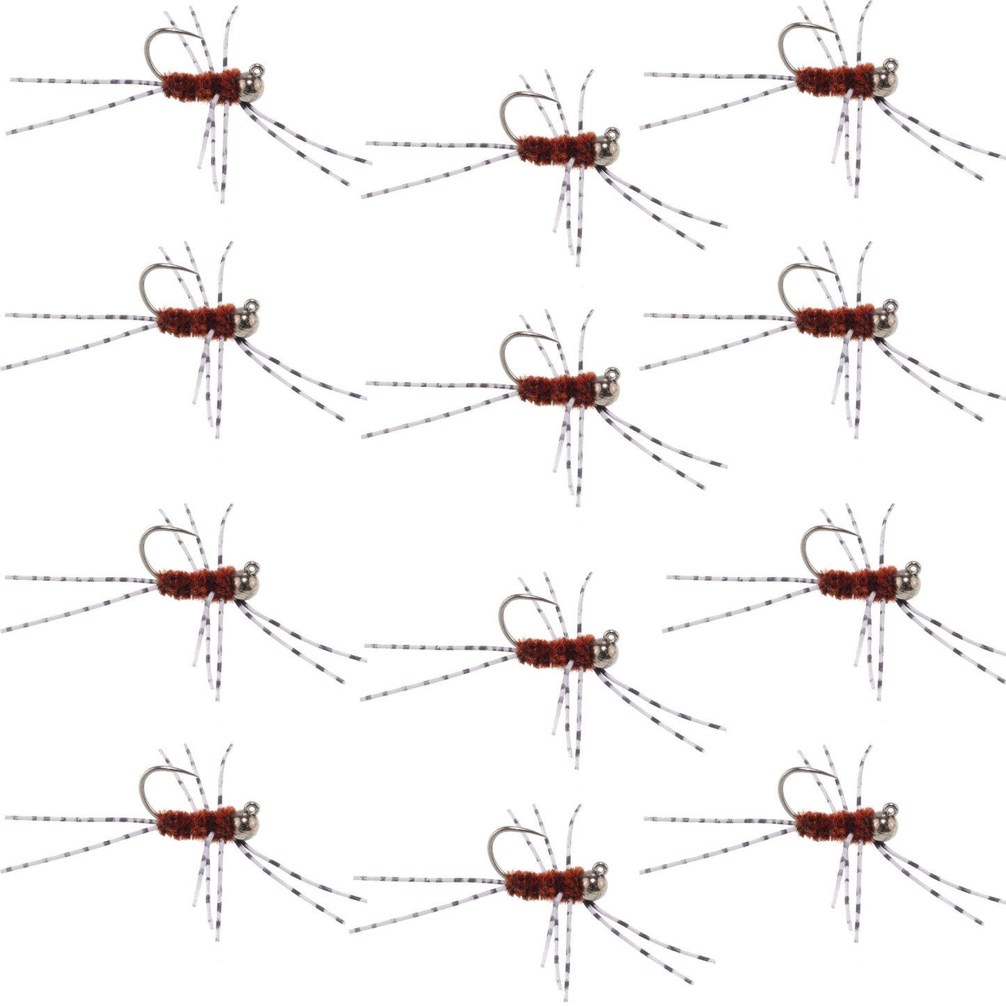 Barbless Pat's Barred Rubber Legs Tungsten Bead Jigged Brown Euro Nymph  - Set of 12 Flies Hook Size 6 - Korvel