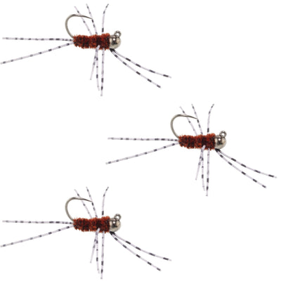 3 Pack Barbless Pat's Barred Rubber Legs Tungsten Bead Jigged Brown Euro Nymph - Hook Size 6 - Korvel