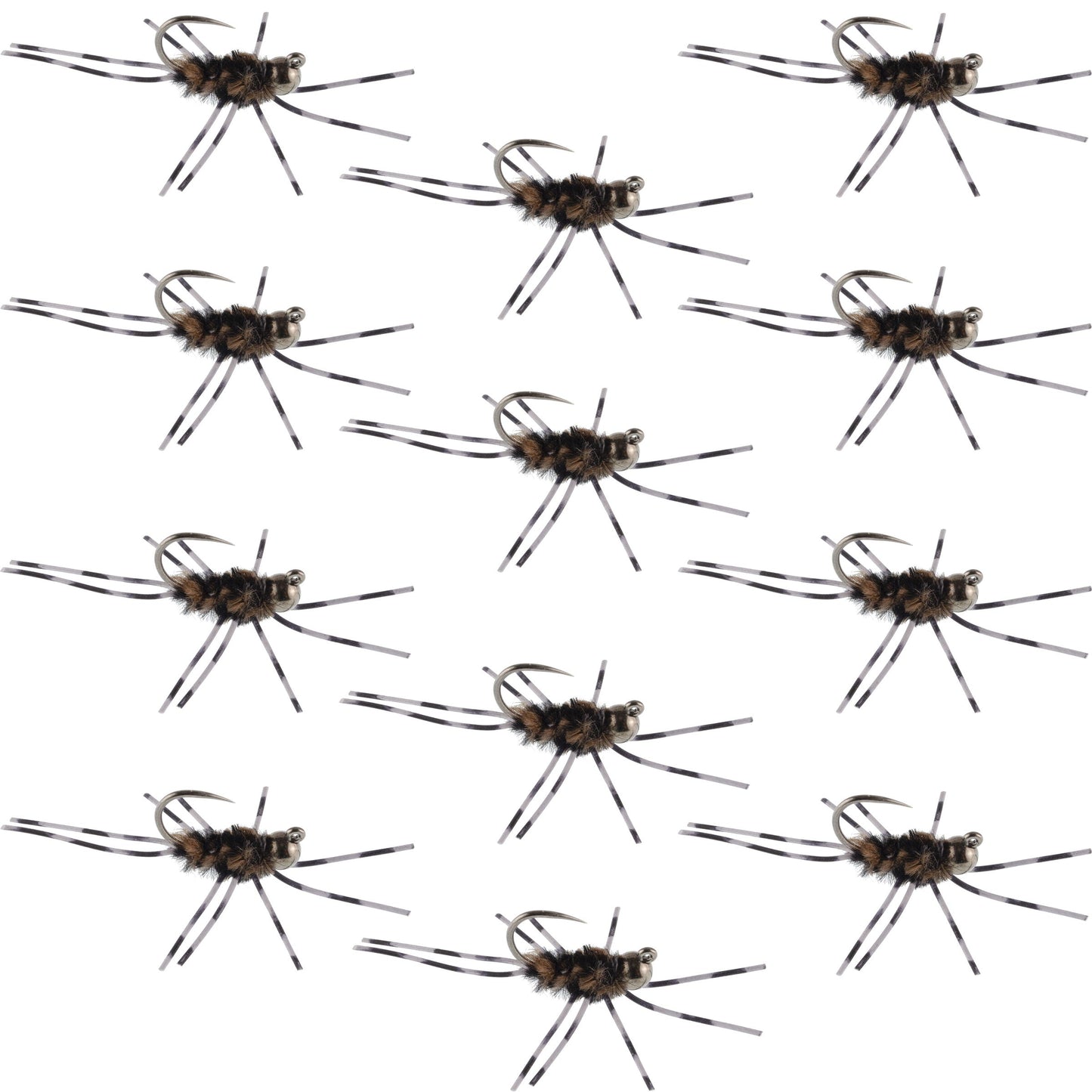 Barbless Pat's Barred Rubber Legs Tungsten Bead Jigged Coffee/Black Euro Nymph  - Set of 12 Flies Hook Size 6 - Korvel