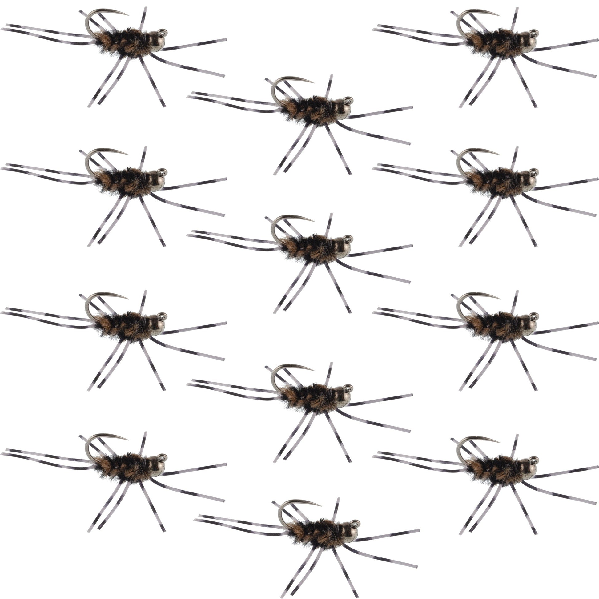 Barbless Pat's Barred Rubber Legs Tungsten Bead Jigged Coffee/Black Euro Nymph  - Set of 12 Flies Hook Size 6 - Korvel