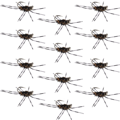 Barbless Pat's Barred Rubber Legs Tungsten Bead Jigged Coffee/Black Euro Nymph  - Set of 12 Flies Hook Size 6 - Korvel
