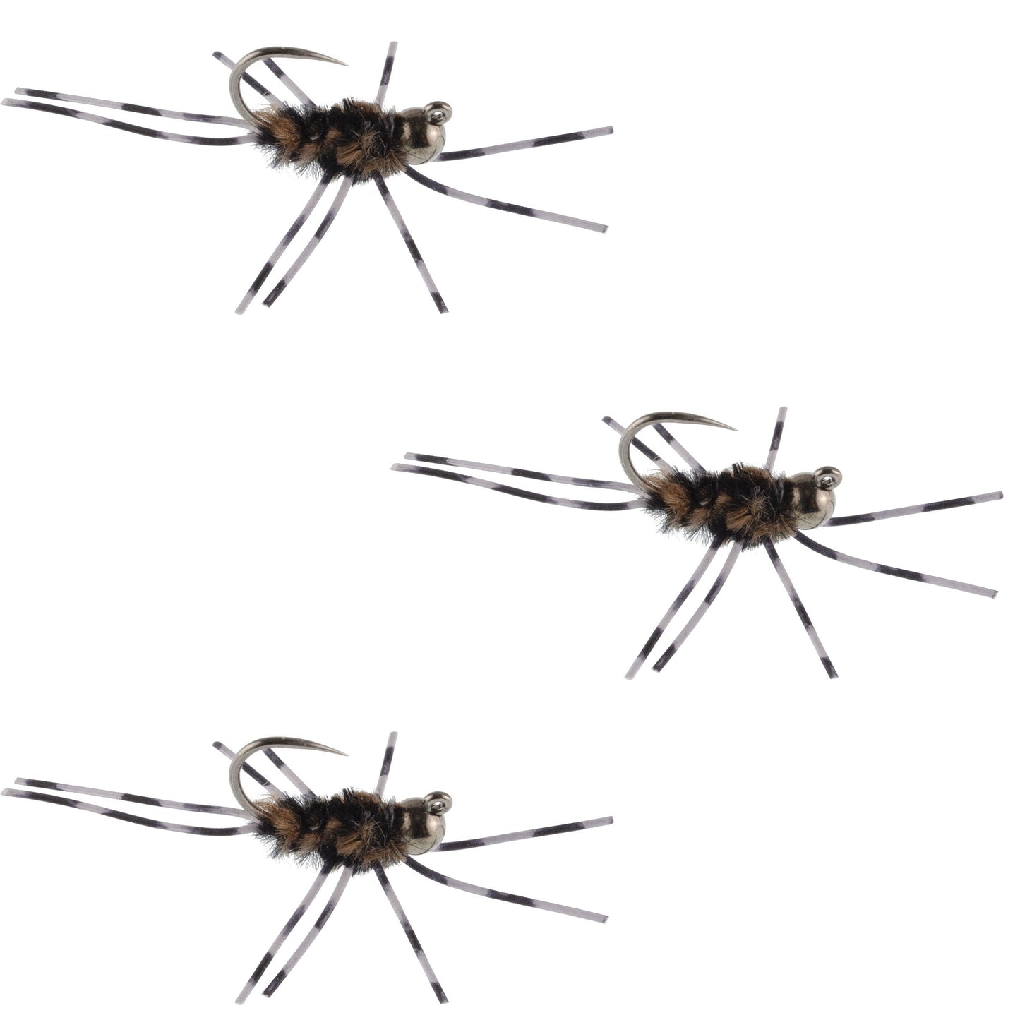 3 Pack Barbless Pat's Barred Rubber Legs Tungsten Bead Jigged Coffee/Black Euro Nymph  -  Hook Size 6 - Korvel