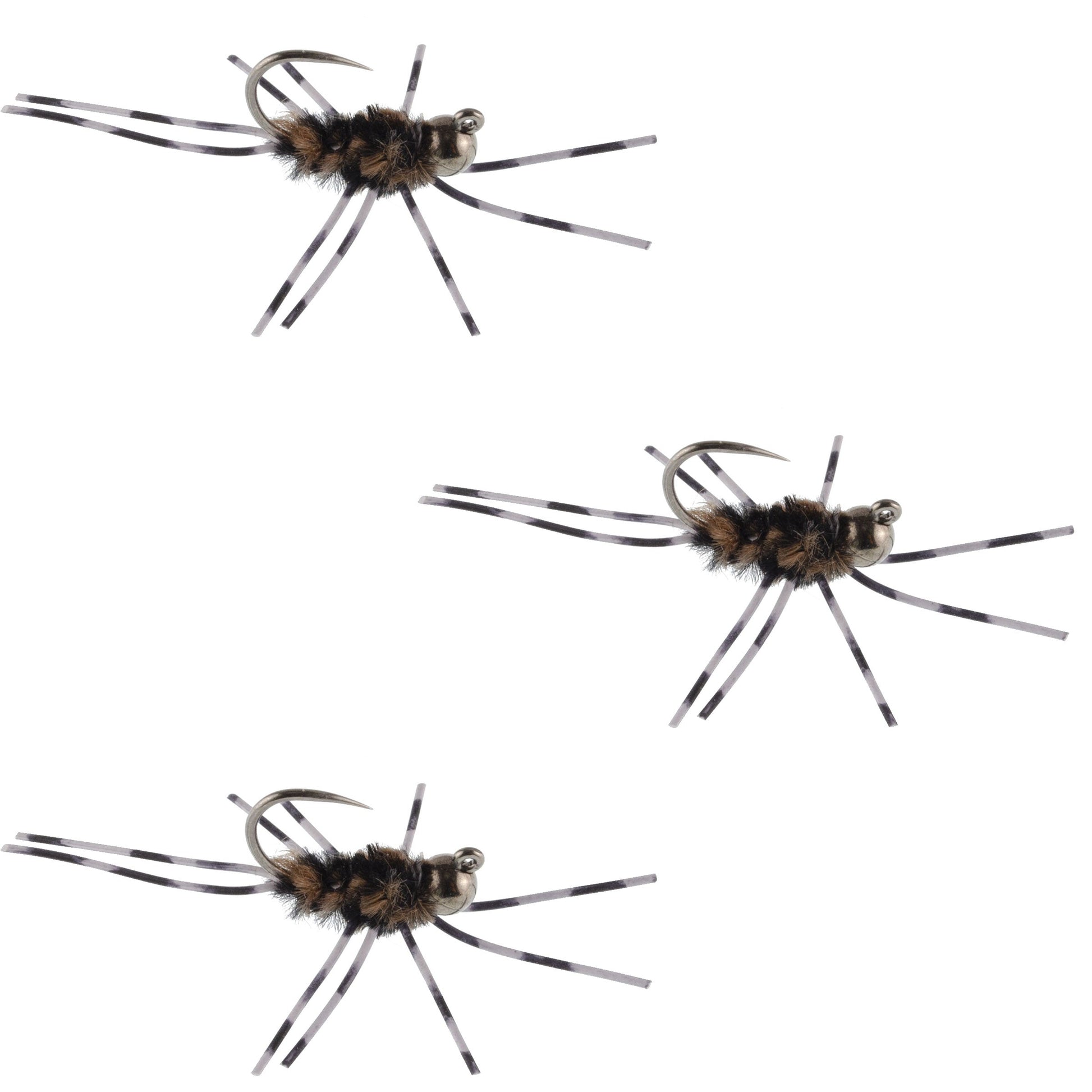 3 Pack Barbless Pat's Barred Rubber Legs Tungsten Bead Jigged Coffee/Black Euro Nymph  -  Hook Size 6 - Korvel
