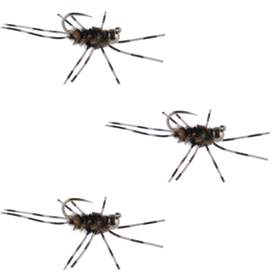 3 Pack Barbless Pat's Barred Rubber Legs Tungsten Bead Jigged Coffee/Black Euro Nymph  -  Hook Size 6 - Korvel