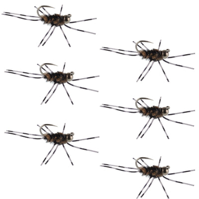 Premium Tungsten Bead Barbless Pat's Barred Rubber Legs Nymphs - Coffee/Black - Set of 6 Size 6 Flies - Korvel