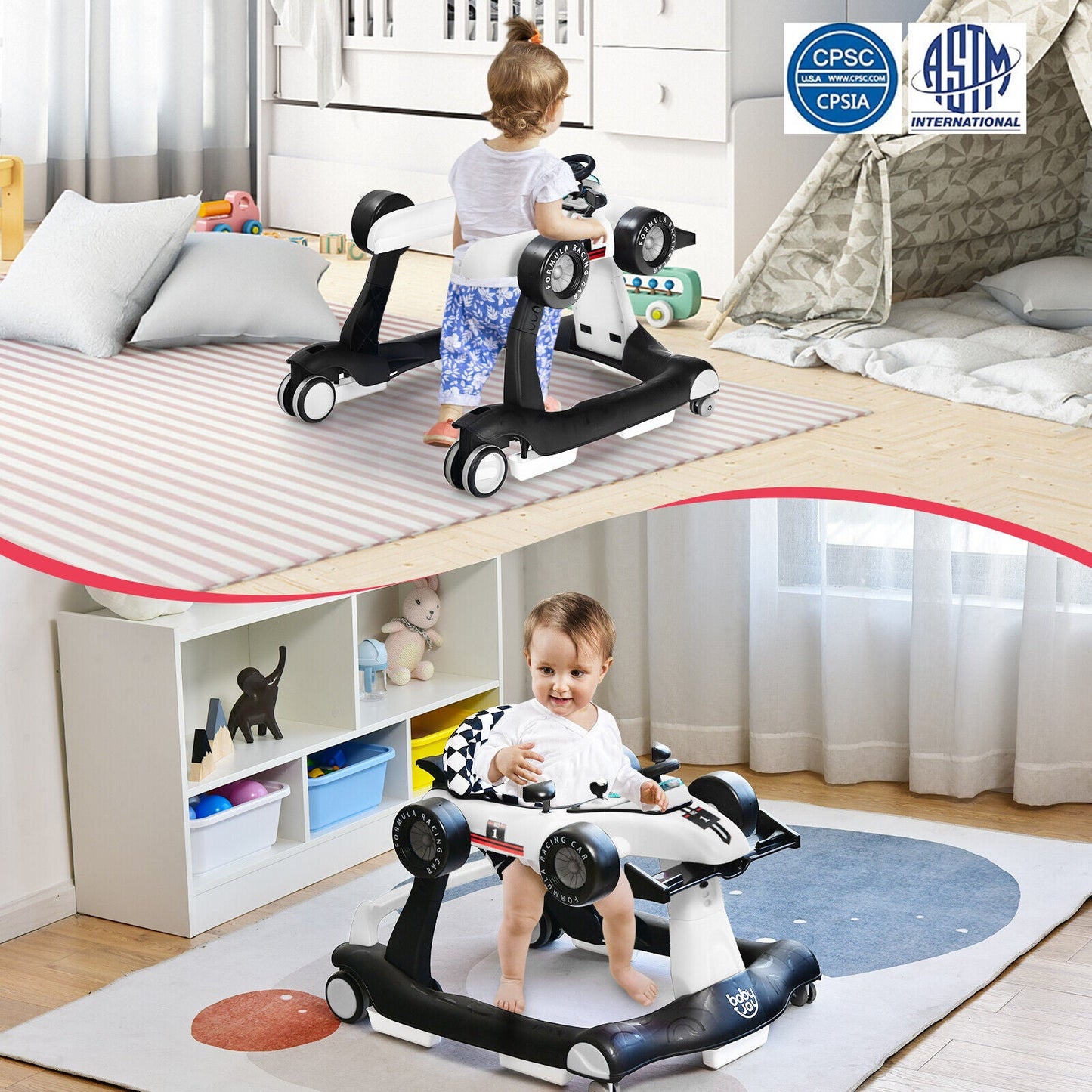 Pousseur d'activité pliable 4-en-1 - Hauteur réglable, Blanc