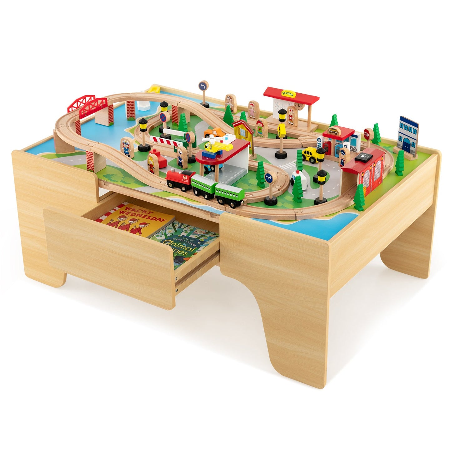 Juego de tren de madera de 84 piezas con mesa reversible