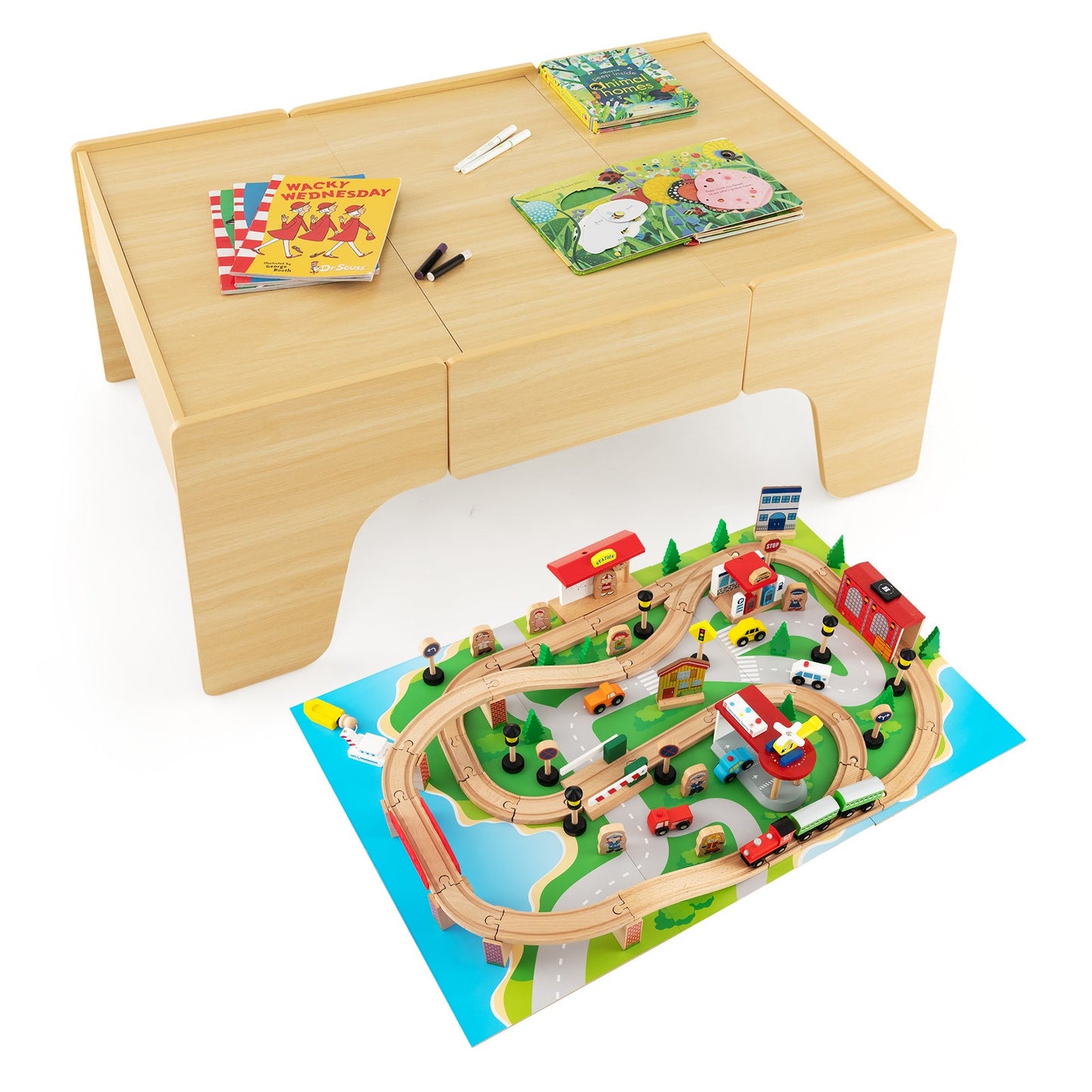 Juego de tren de madera de 84 piezas con mesa reversible