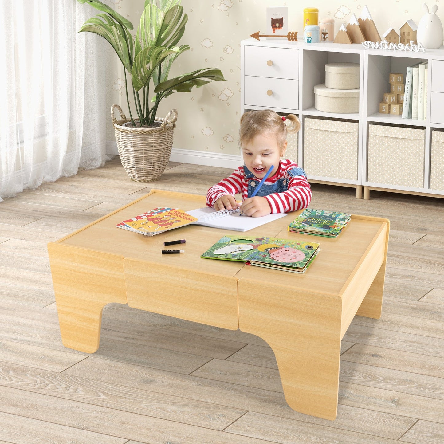Juego de tren de madera de 84 piezas con mesa reversible