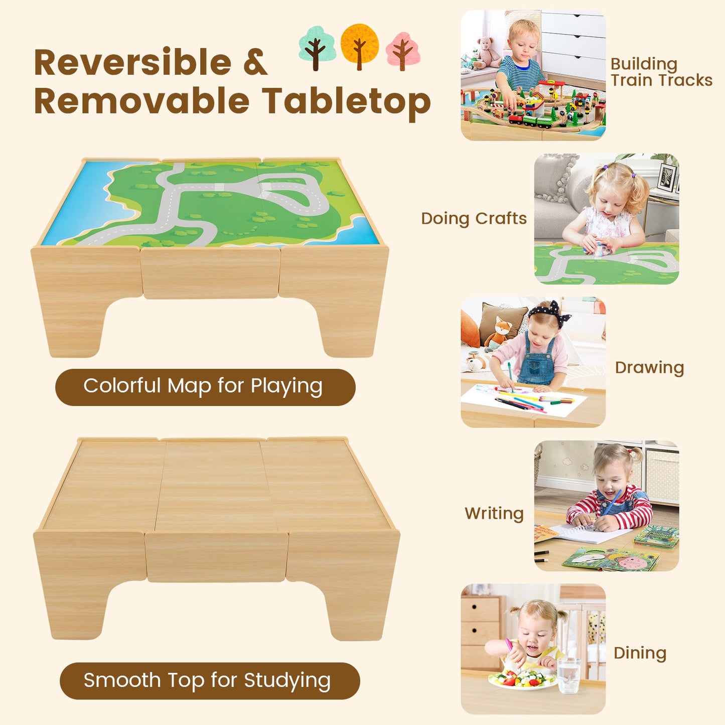Juego de tren de madera de 84 piezas con mesa reversible