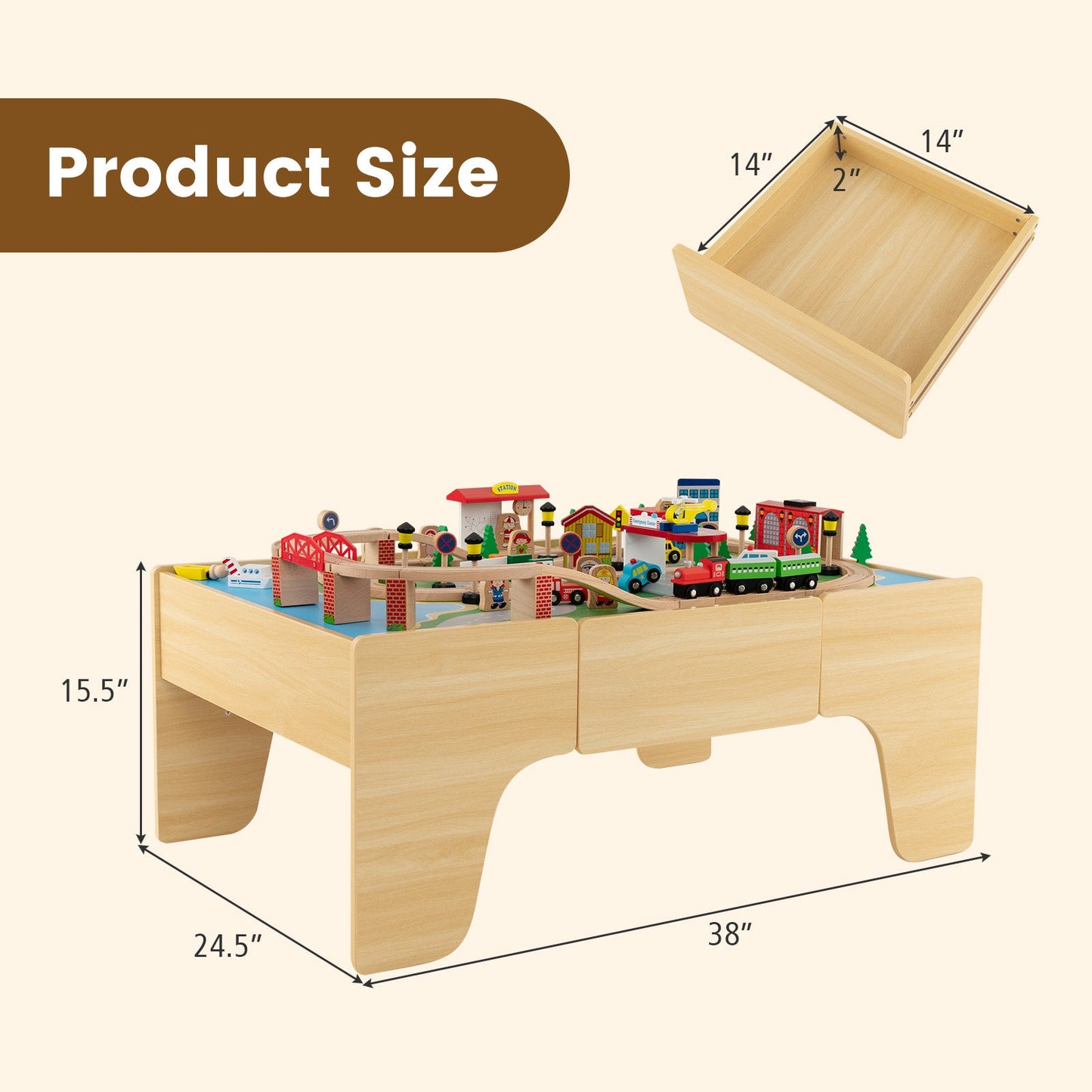 Juego de tren de madera de 84 piezas con mesa reversible