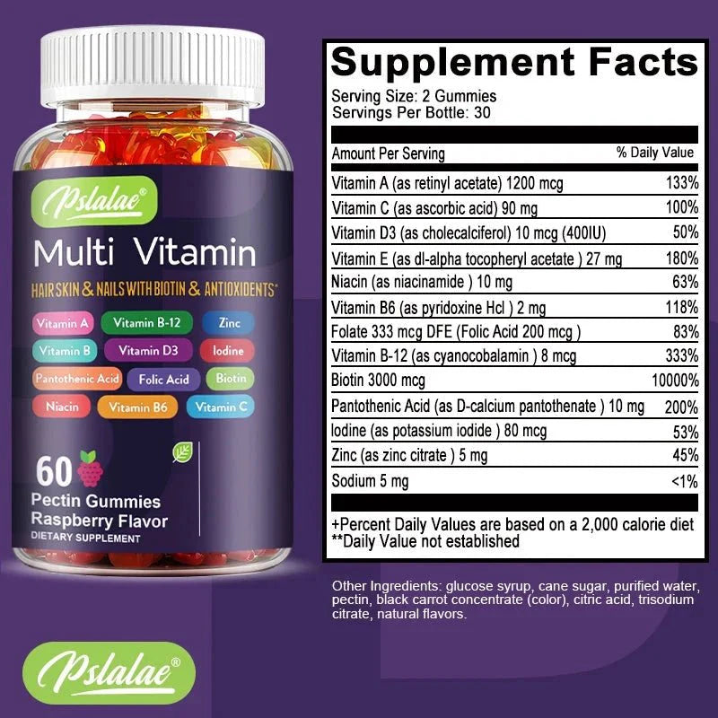 Gomitas Multivitamínicas Premium - 60 Gomitas con Sabor a Frambuesa