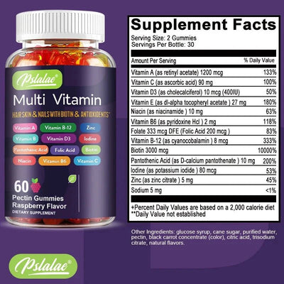 Gomitas Multivitamínicas Premium - 60 Gomitas con Sabor a Frambuesa