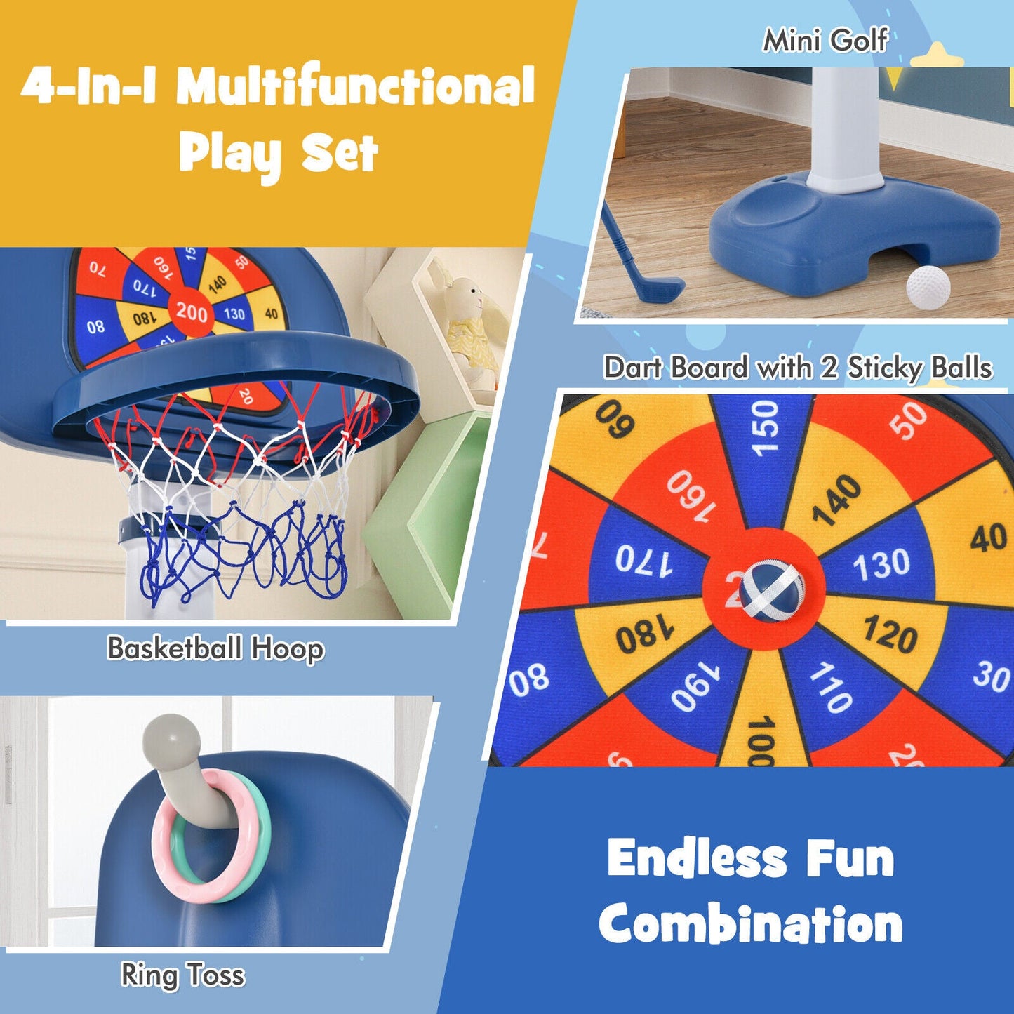 Aro de Baloncesto Ajustable 4 en 1 para Niños con Juego de Anillas