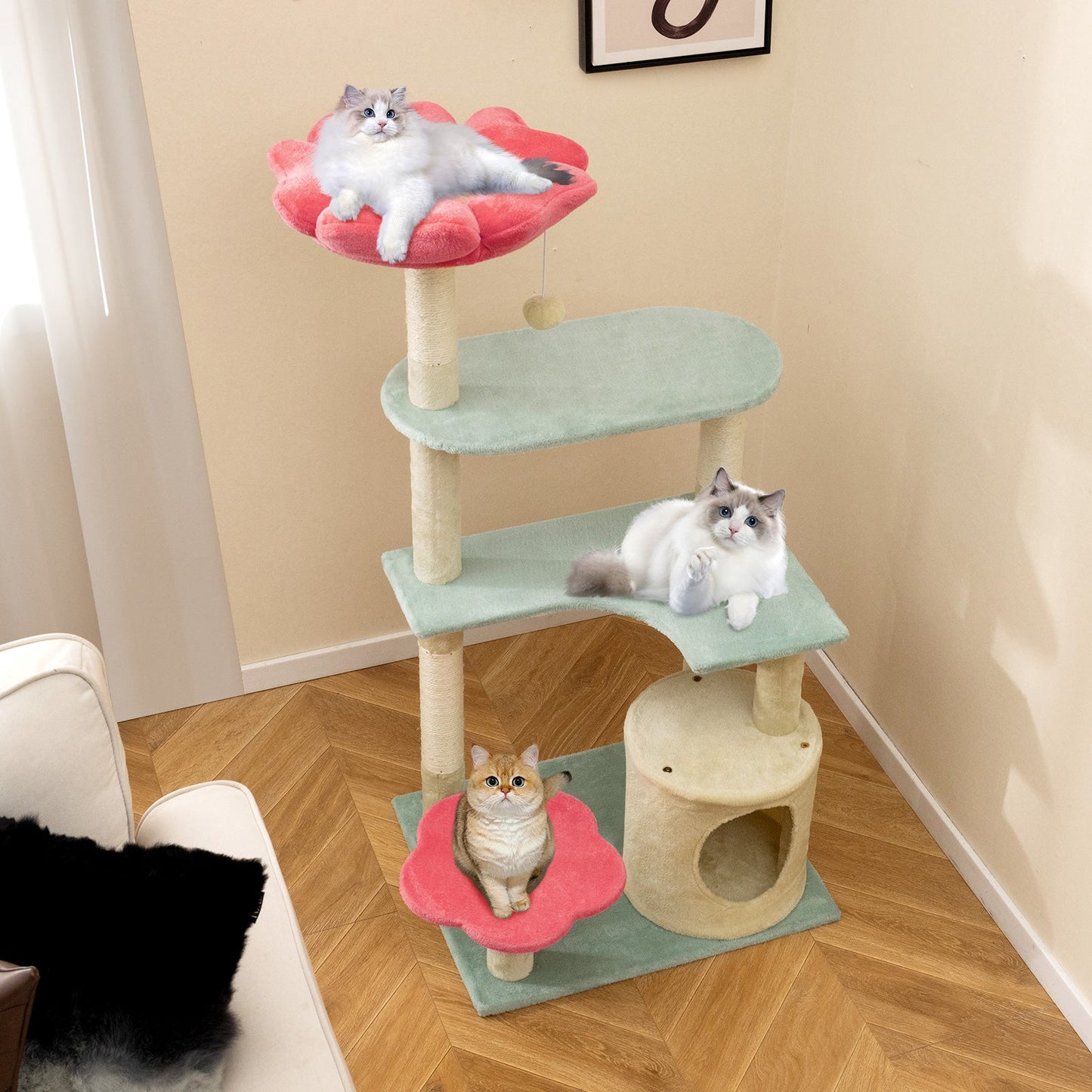 49-Inch Multi-Level Floral Cat Tower with Plush Perch