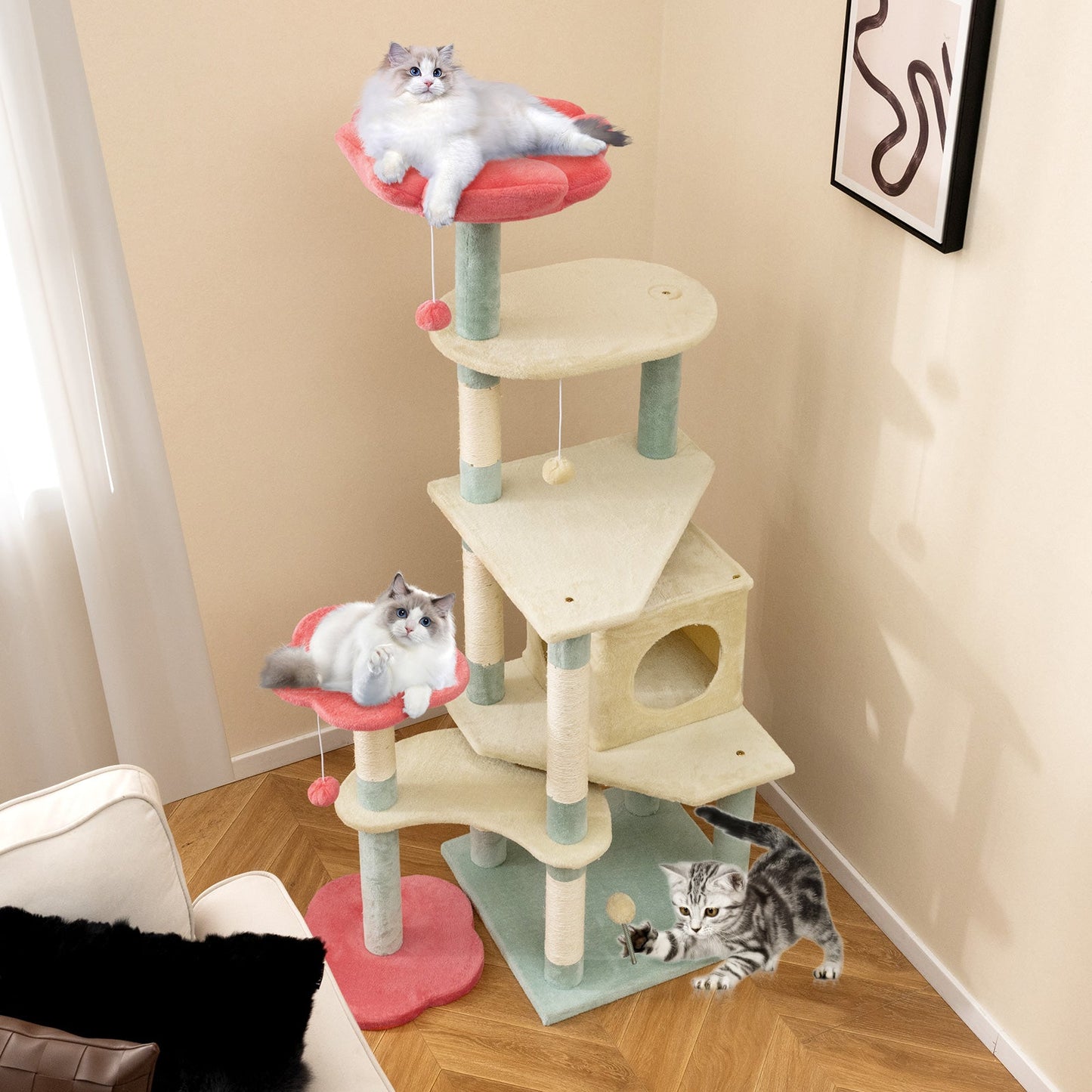 61 Inch Multi-Level Floral Kitten Tower with Padded Perch