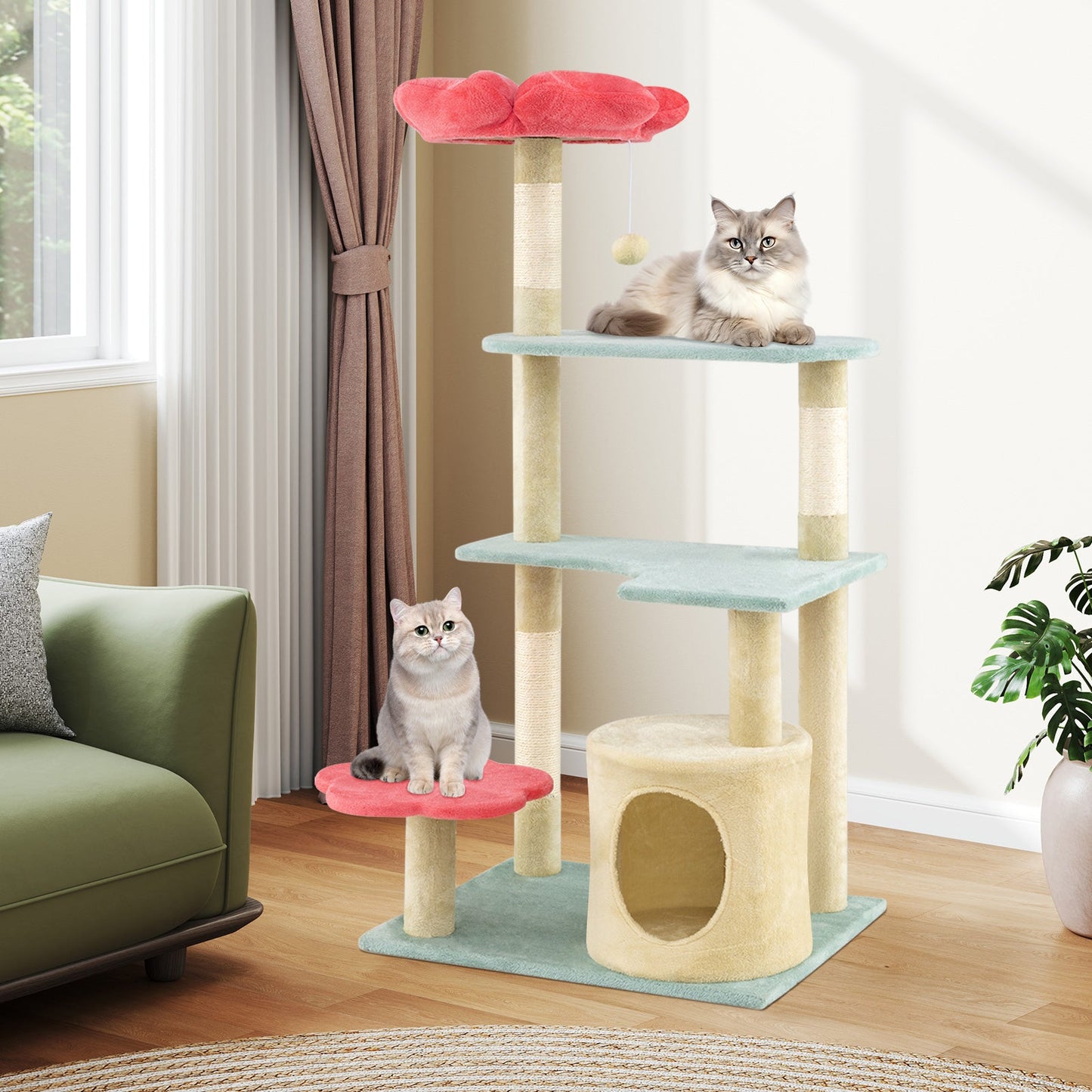 49-Inch Multi-Level Floral Cat Tower with Plush Perch