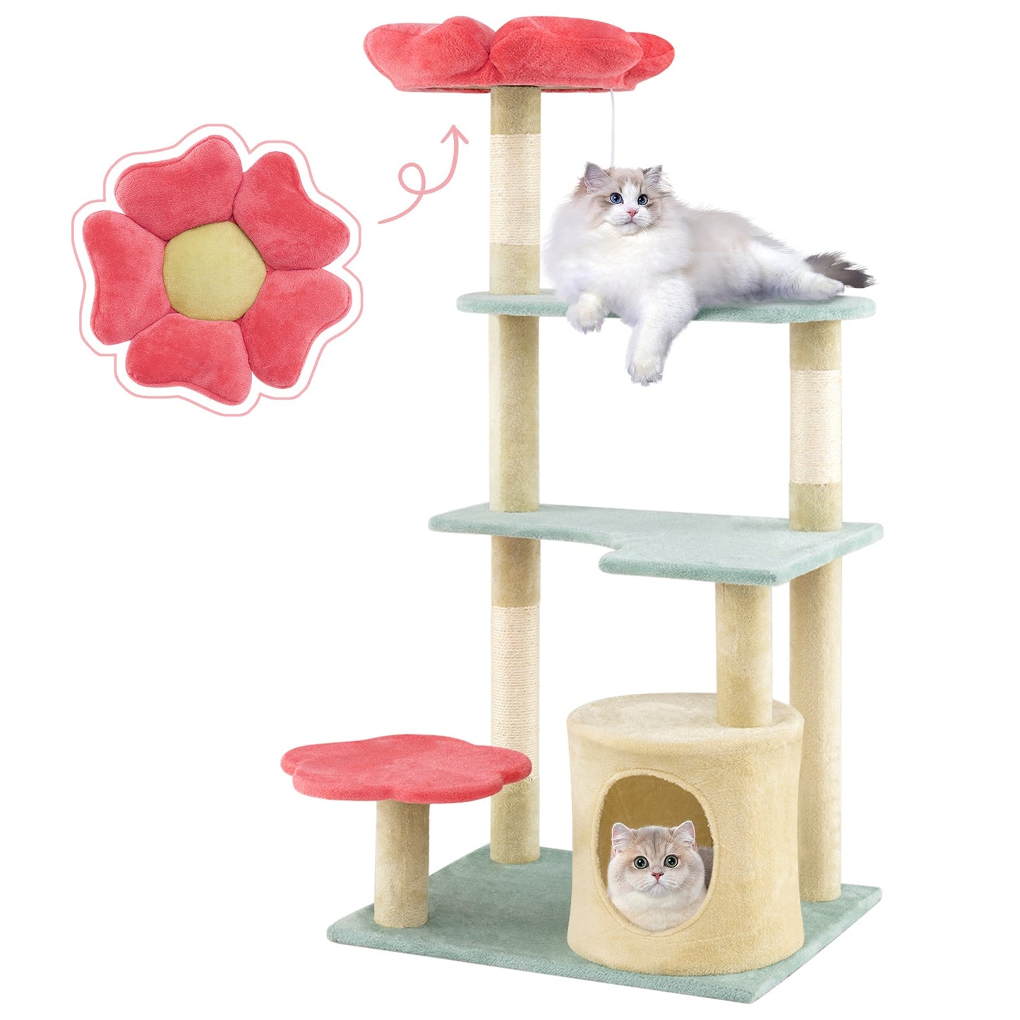 49-Inch Multi-Level Floral Cat Tower with Plush Perch