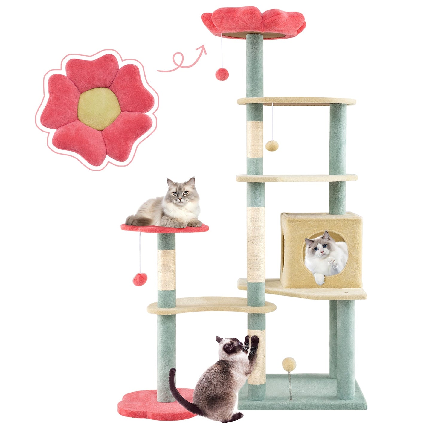 61 Inch Multi-Level Floral Kitten Tower with Padded Perch