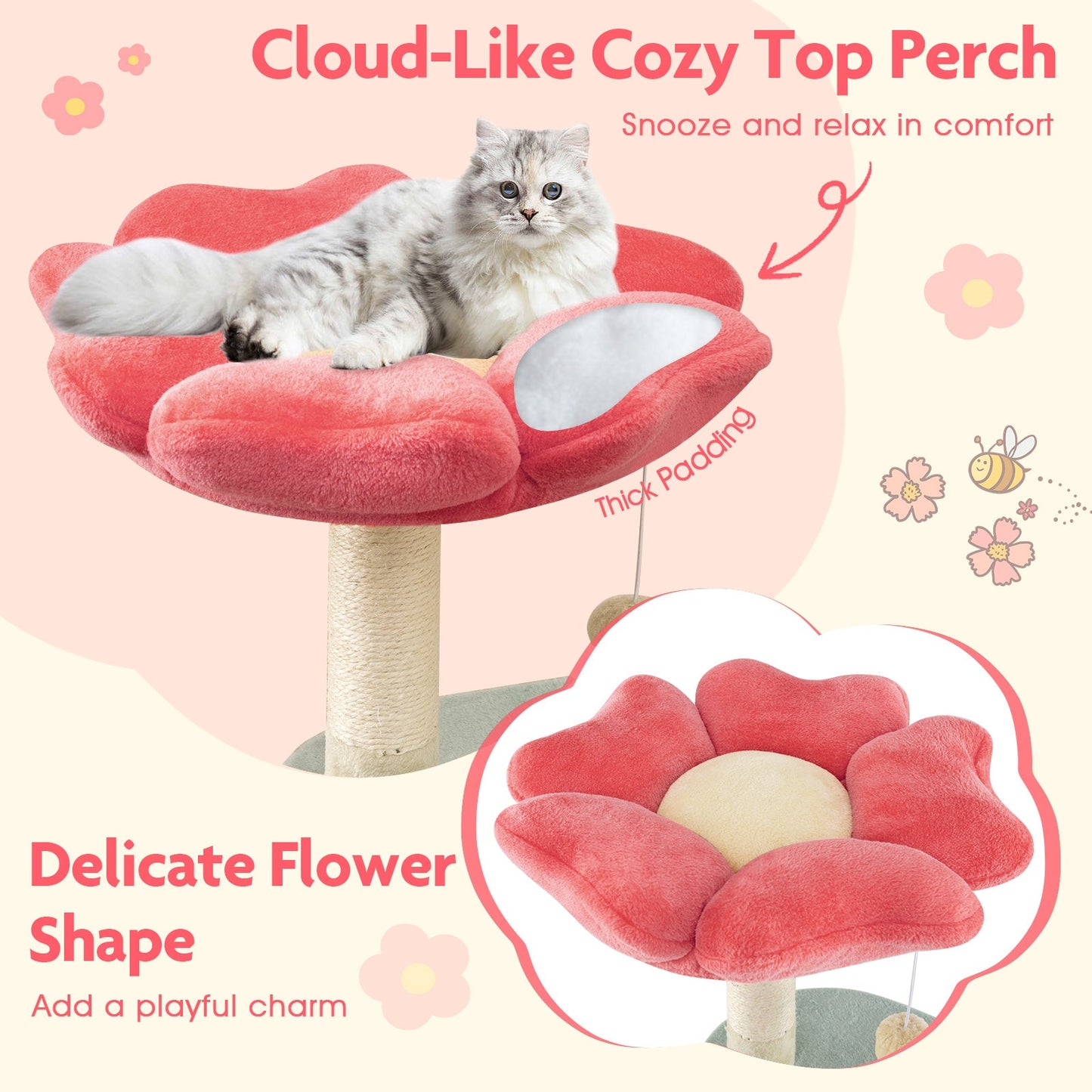 49-Inch Multi-Level Floral Cat Tower with Plush Perch