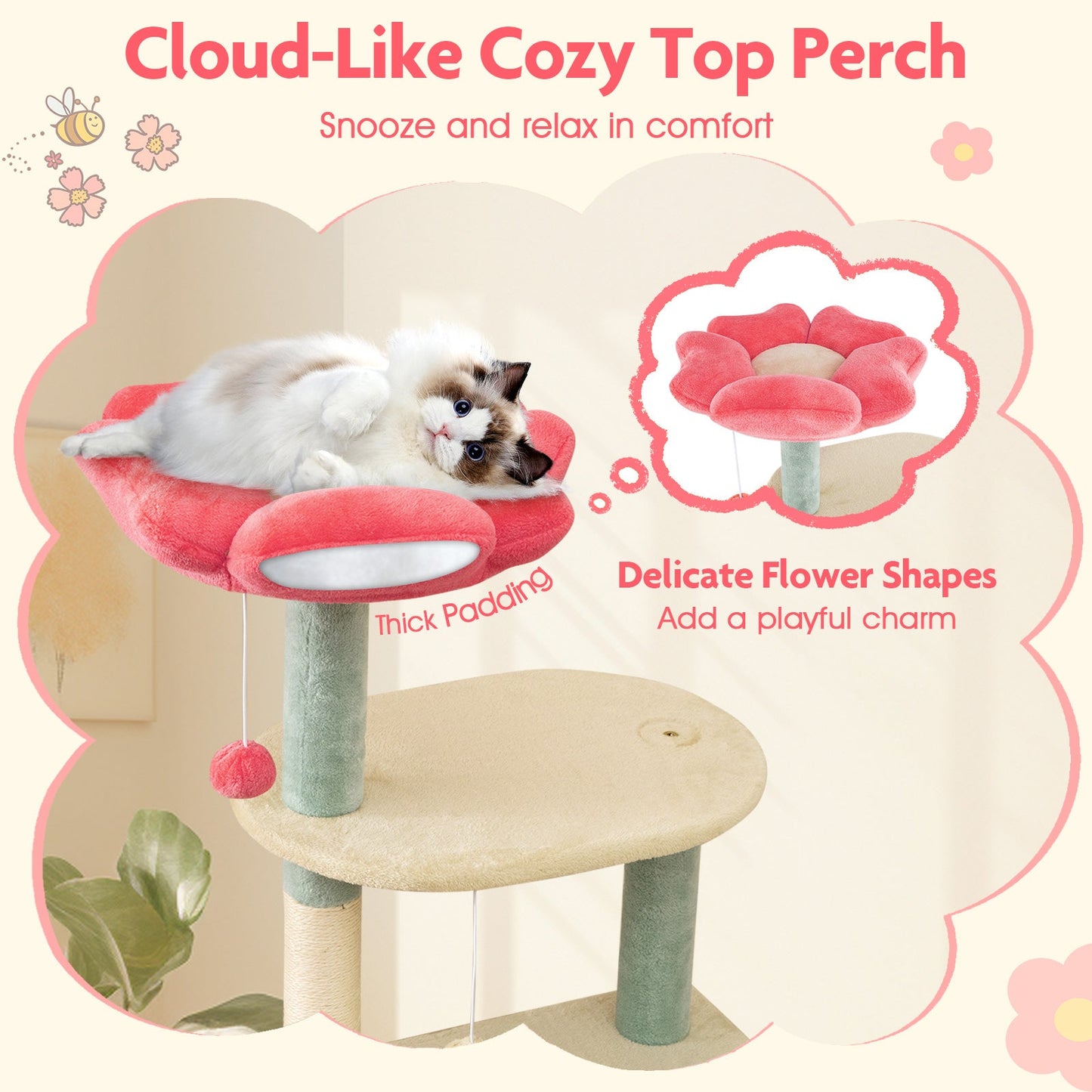 61 Inch Multi-Level Floral Kitten Tower with Padded Perch