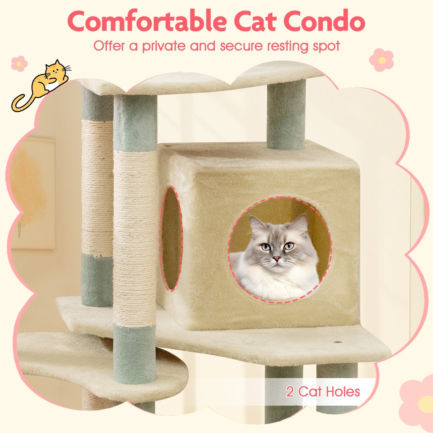 61 Inch Multi-Level Floral Kitten Tower with Padded Perch