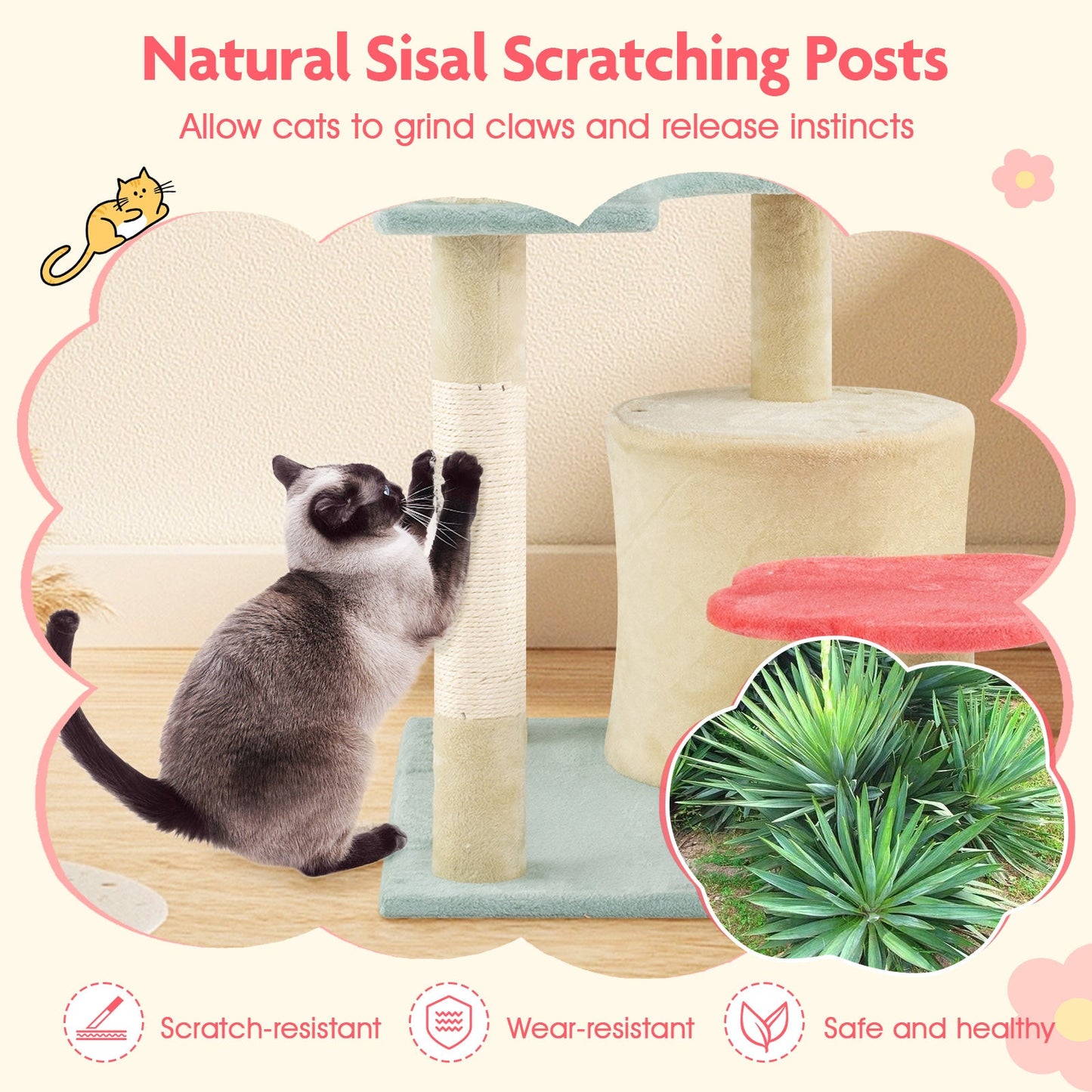 49-Inch Multi-Level Floral Cat Tower with Plush Perch