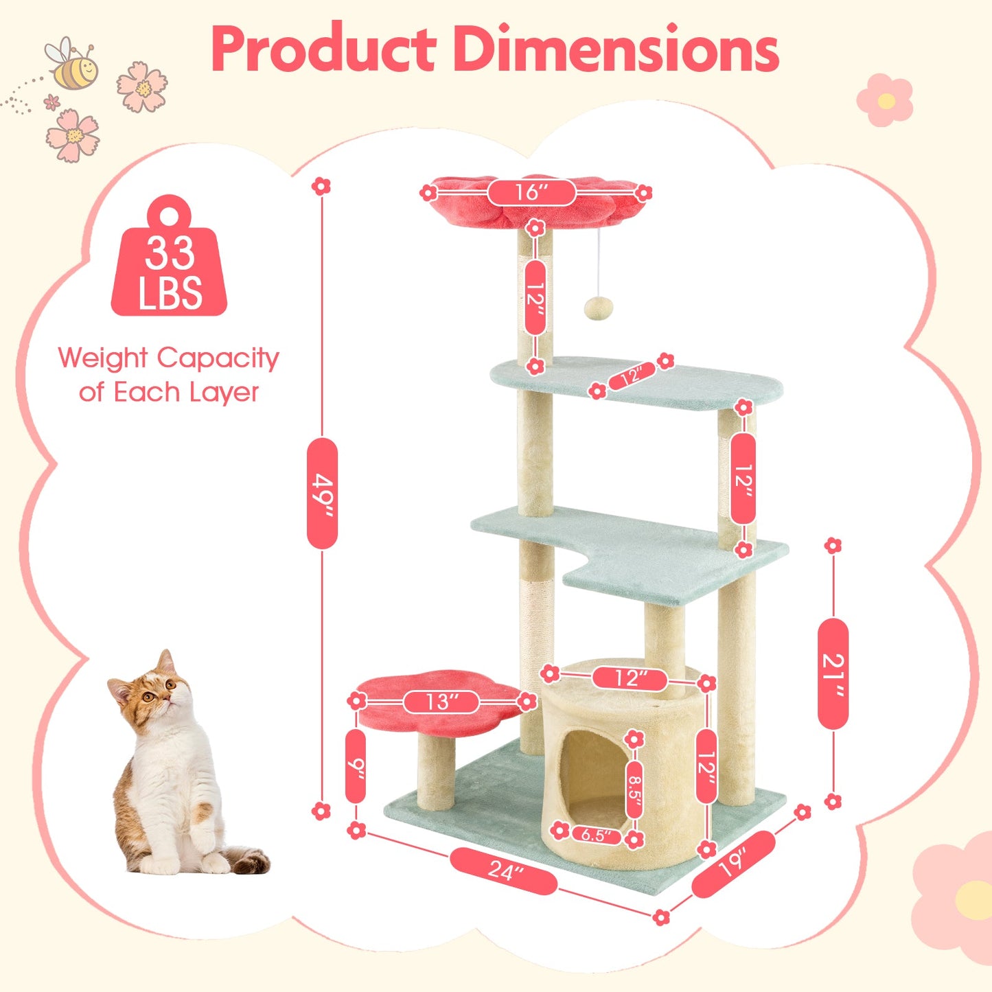 49-Inch Multi-Level Floral Cat Tower with Plush Perch