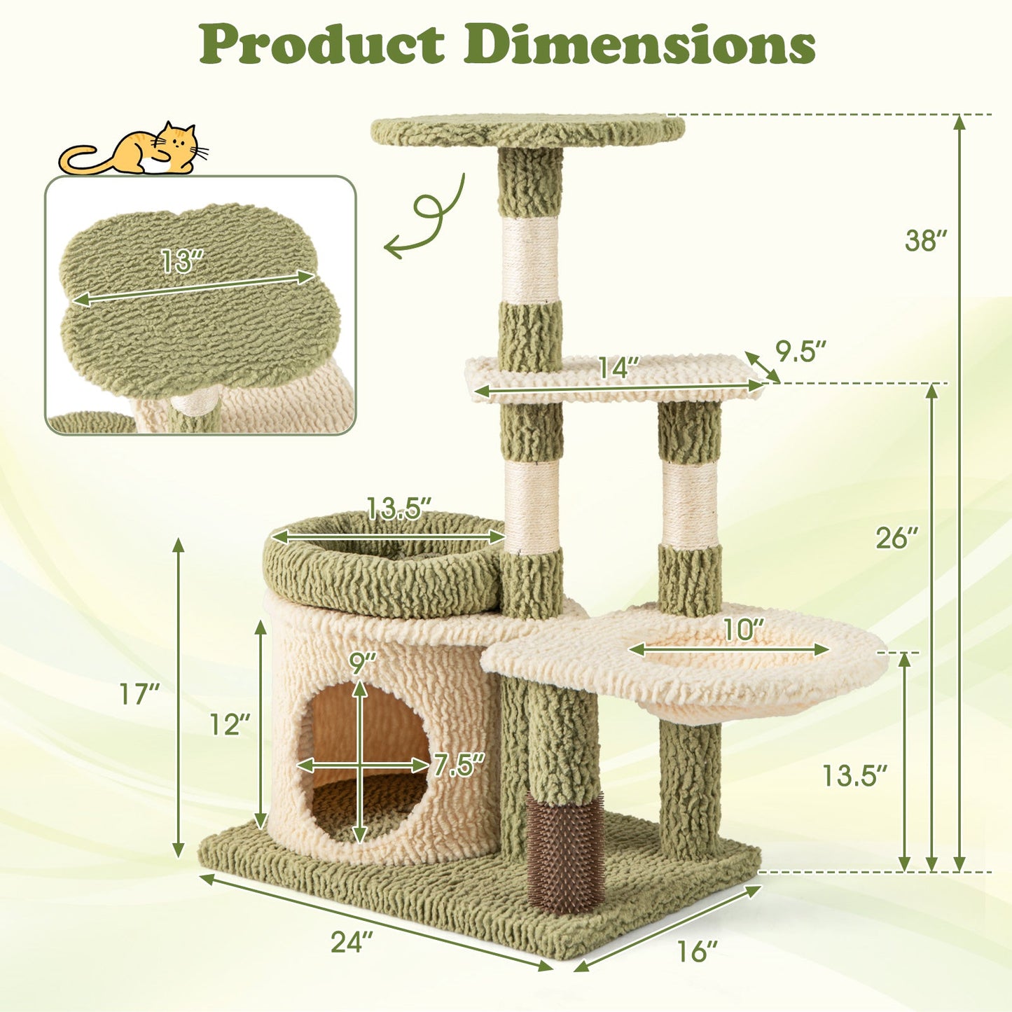 38 Inch Multi-Level Aesthetic Kitten Tower - Green