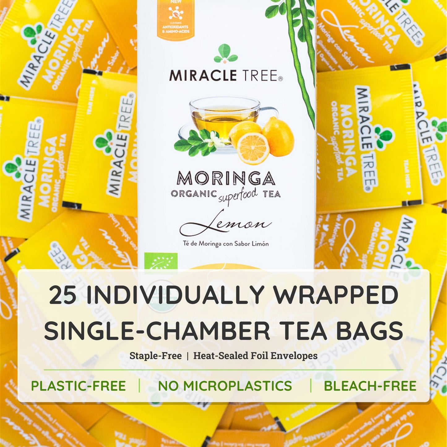 Té Orgánico de Moringa con Limón - 25 Bolsitas de Té Envueltas